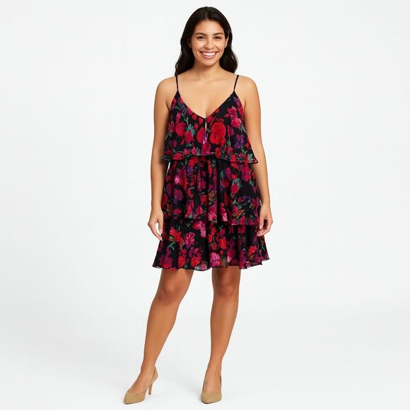 Line And Dot Black Floral Ruffle Mini Dress Boho Cottagecore Festival Y2K SZ M - Picture 5 of 12